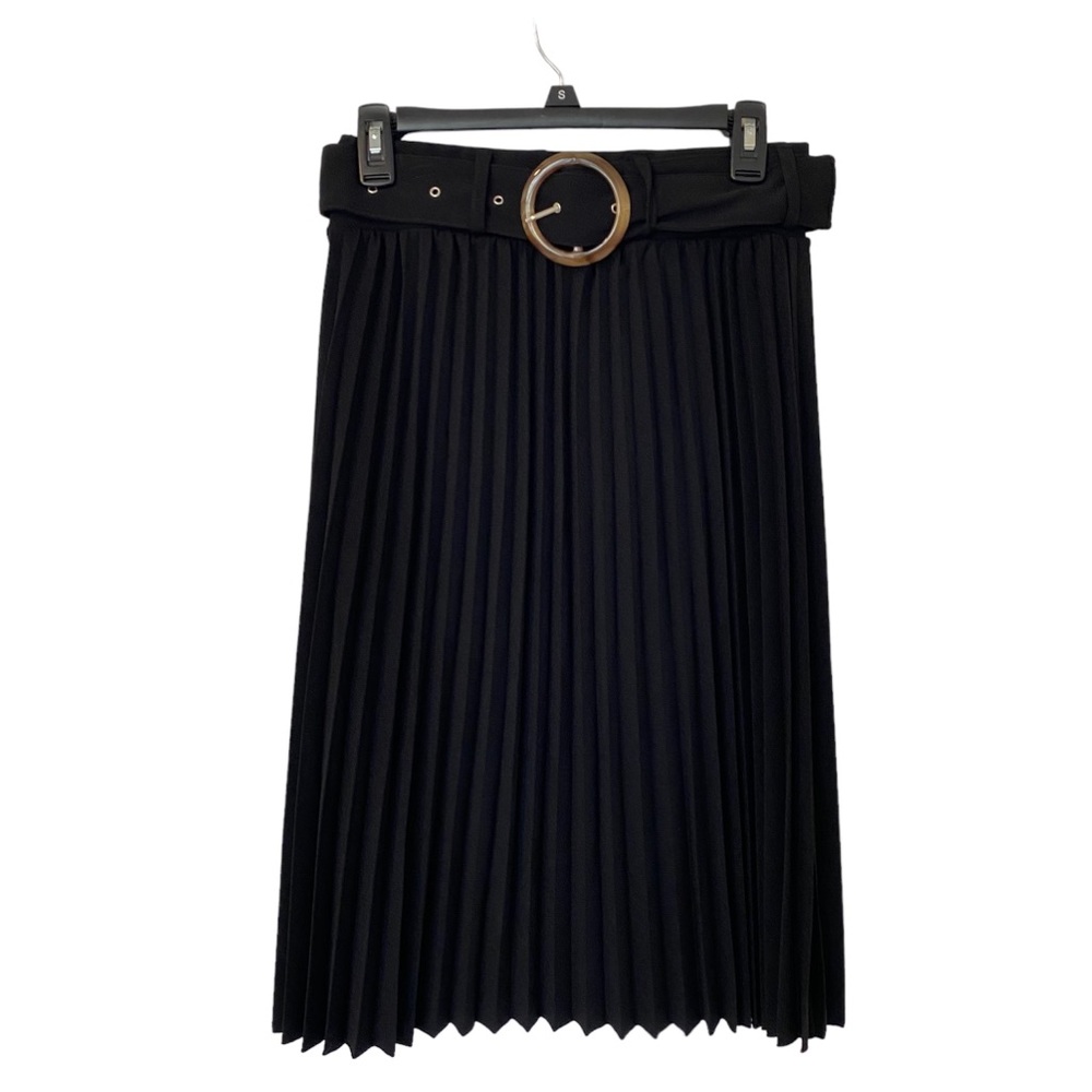 Lark & Grey Women’s Pleated Midi Skirt with Fabric Belt in Black Size Medium